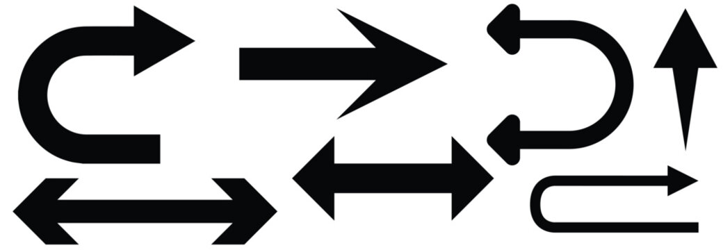 One Way Only or This Way Only Forward and U Turn Black Sign Round Floor Marking Adhesive Sticker Icon Set with Direction Arrow. Vector Image.