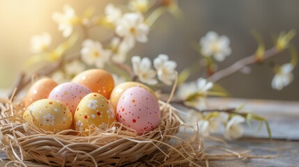 Fototapeta na wymiar Festive Easter, Easter eggs decorated yellow colors and pastel pink in basket on wooden table, and spring flowers beautiful background, copy space, generative ai