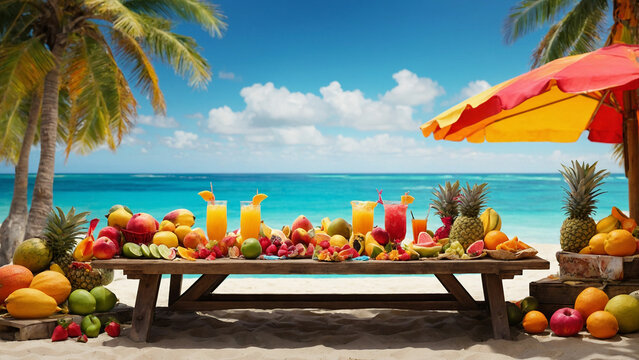 A colorful beach picnic table adorned with tropical fruits, refreshing drinks, and a variety of savory and sweet snacks, a vivid picture of the vibrant scene and the joyful