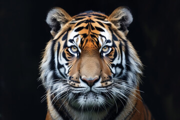 Fototapeta premium Portrait of a tiger's face on a dark background.