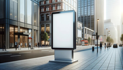 Urban street scene with a blank advertising billboard ready for branding, pedestrians walking by, modern buildings, and the soft glow of the morning light.Concept of advertising surfaces. AI generated - obrazy, fototapety, plakaty