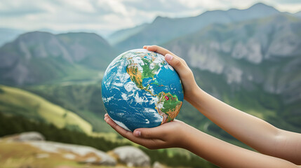 World environment Day concept. Child hand's who is holding carry the World. Protect our globe. Copy space.