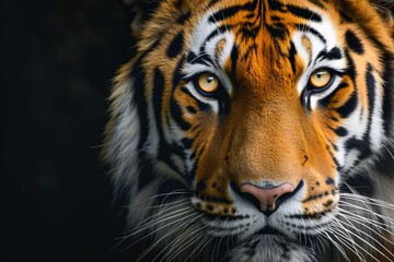 Portrait of a tiger's face on a dark background.