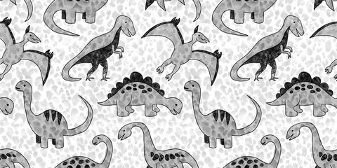 Seamless hand drawn black and white high contrast dinosaur pattern with polka dot leopard spots background. Watercolor and crayon cartoon art dino silhouettes for baby apparel or nursery wallpaper.