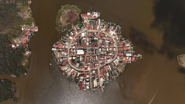 Aerial view rising above the Mexcaltitan village, sunny day in Nayarit, Mexico