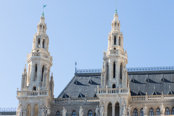 Architectural structure in Austria. Sights of Vienna. The Town Hall building on the central square of the European city. Cultural capital.