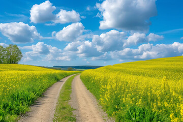 Road Through The Oilseed Rape Field. Panorama of rapeseed field with road. Road panorama on sunny summer day in countryside. empty asphalt road and floral field of yellow flowers.