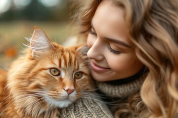 Smiling Young Woman Embracing Her Fluffy Tabby Cat Outdoors on a Sunny Day