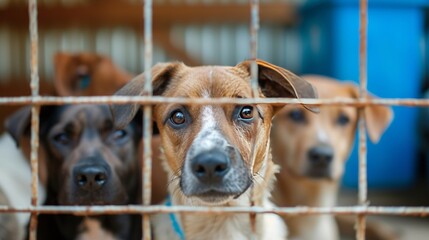 Portrait of a sad dog in an animal shelter waiting for adoption, imagining that he is happy in a...