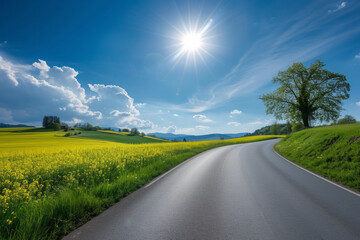 Road Through The Oilseed Rape Field. Panorama of rapeseed field with road. Road panorama on sunny summer day in countryside. empty asphalt road and floral field of yellow flowers.