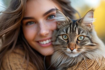Smiling Young Woman Embracing Her Fluffy Tabby Cat Outdoors on a Sunny Day