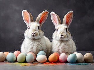 Two Easter bunnies and colored eggs. Holiday traditions concept