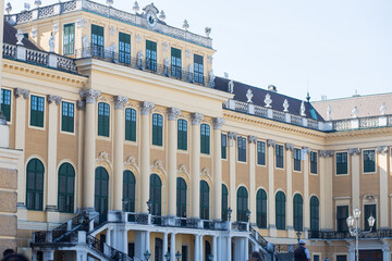 Fototapeta na wymiar Stunning royal palace. Panorama of Schönbrunn Palace in Austria. Viennese architecture. The main attraction of Vienna. The royal palace of tsarist times. Historical place. Tourist centre.