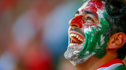 Portugal football fan with flag face paint cheering at stadium event, copy space