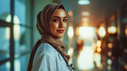 Portrait of smiling young Muslim female doctor with copy space. Healthcare concept. Generative AI - obrazy, fototapety, plakaty