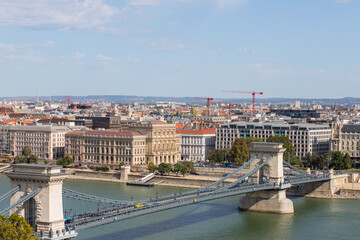Mountain range on the skyline of a big city. The main attractions of Budapest. Hungarian architecture among a large body of water. The water element combined with an industrial city.