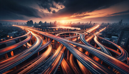 Epic aerial view of a complex highway system with light trails at twilight, showcasing the dynamic flow of traffic in a bustling metropolitan landscape. Urban traffic concept. AI generated. - obrazy, fototapety, plakaty