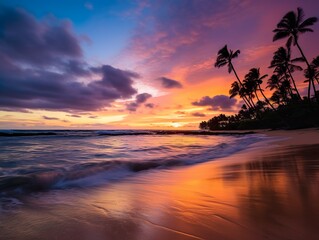 A serene and breathtaking scene at a beautiful beach in Hawaii, moments before the sun begins its...
