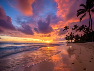 Fototapeta na wymiar A serene and breathtaking scene at a beautiful beach in Hawaii, moments before the sun begins its descent below the horizon