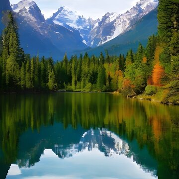 a breathtaking mountain landscape and a tranquil lake. The image should evoke a sense of peace, tranquility, and connection with nature