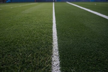 Obraz premium Green artificial grass turf soccer football field background with white line boundary.