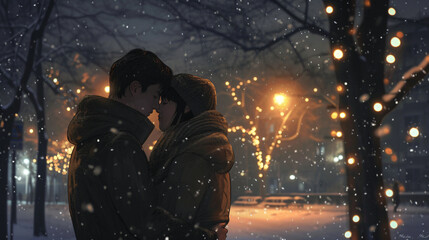 A captivating moment captured in the snowy evening, where two loving souls find solace in each other's arms, creating a beautiful contrast between warmth and cold.