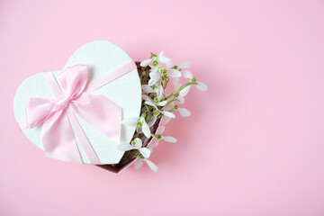 snowdrops flowers and heart box on pink backdrop. Spring background. romantic gentle nature image. hello spring, 8 march, Mother's day concept. flat lay. template for design. copy space
