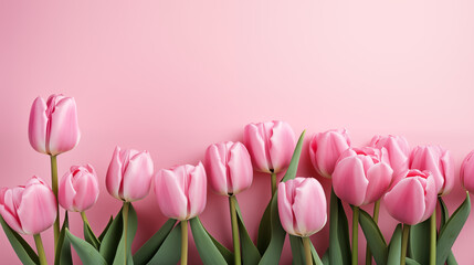 Fototapeta premium pink tulips on a pink background, flowers design, florat, spring flowers, pink tulips wallpaper, minimalism