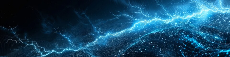 Big data analysis abstract background, depicting a tempest of data with lightning representing moments of clarity and discovery in the tumultuous journey of data exploration.