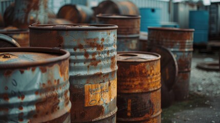 Polluting barrels containing petroleum products and toxic chemicals, posing environmental hazards.