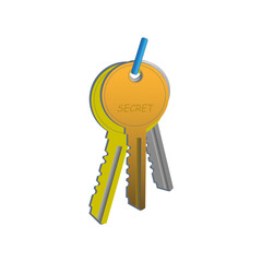 3D rendering of gold, silver and bronze keys in a key chain.