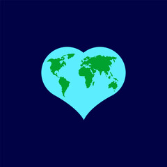Illustration of an isolated heart with a world map. Vector planet Earth icon.