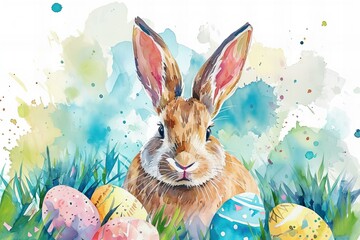 watercolor Easter bunny with colorful Easter eggs