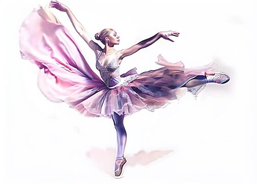 Beautiful graceful ballerina dancing posing in aerial flying pink purple skirt, watercolor effect video