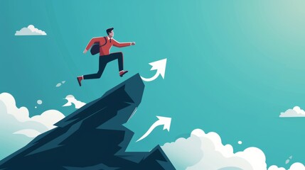 Businessman running to the success on top of the arrow mountain, Symbol of the startup, business finance concept, achievement, leadership, vector illustration flat style