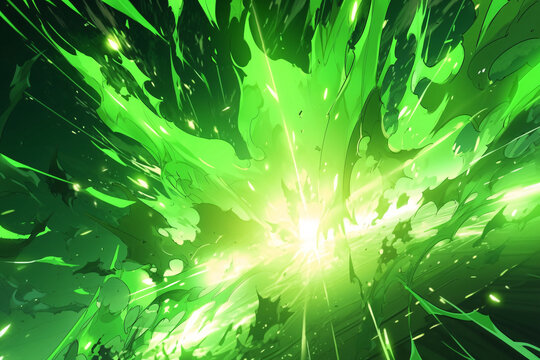 Glowing green light magic energy background, simple green explosion effect abstract art concept illustration