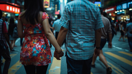 A tender moment amidst the chaos, two hands find solace in each other on a bustling city street. Love, connection, and serenity in the midst of a crowded world.