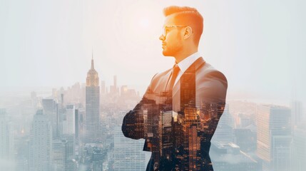 Double exposure of success business man with arms crossed and city in background. - obrazy, fototapety, plakaty