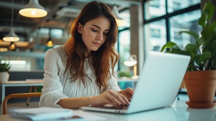 Young attractive businesswoman working on her project with laptop computer in modern office room.