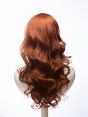Fototapeta premium Brunette hair wig on a woman mannequin on white background. Brown long wavy hair on dummy head, back view. 