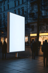 Minimalistic ad advertising with blank white empty board frame billboard sign template with copy space for text on the city street wall at night, business announcement promotion concept