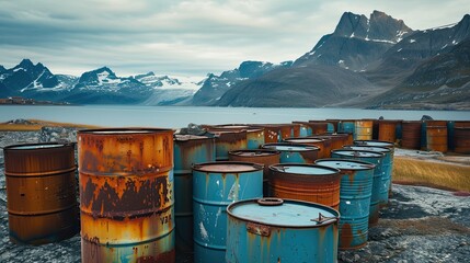 Toxic waste stored in barrels, representing a threat to the environment and public health. - obrazy, fototapety, plakaty