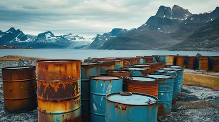 Fotobehang Toxic waste stored in barrels, representing a threat to the environment and public health. © Murda