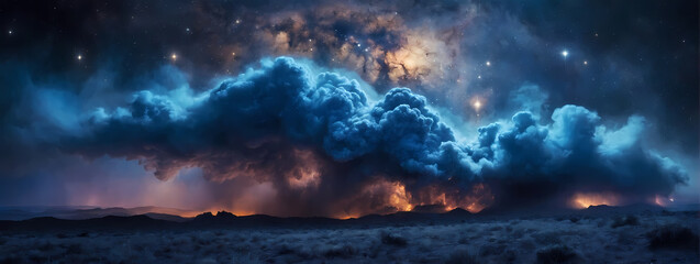 Fototapeta na wymiar Royal blue nebula mist drifting along the ground, infusing the scene with majestic and cosmic energy.
