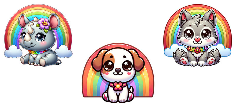 Cute Rhino, Dog, and Wolf with Rainbow Clipart