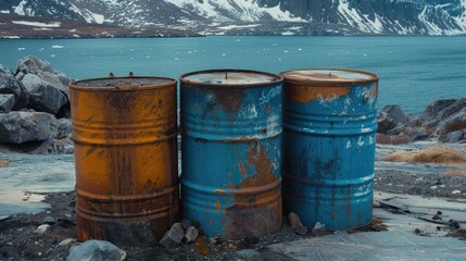 Naklejka premium Toxic waste stored in barrels, representing a threat to the environment and public health.