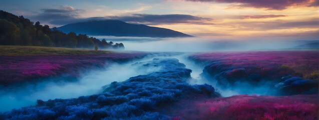 Fototapeta na wymiar Sapphire dreams-colored mist drifting along the ground, creating an atmospheric scene with a touch of fantasy. 