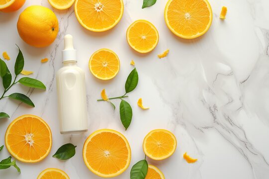 Composition with Cosmetic bottle containers and fresh orange slices