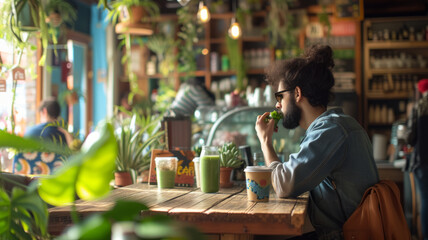 Young hipster man in a vegan cafe.