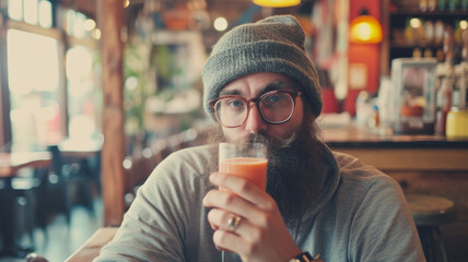 In a cozy cafe, a hipster man enjoys a fresh smoothie